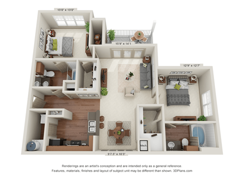 Beech 3D Floorplan with Dimensions